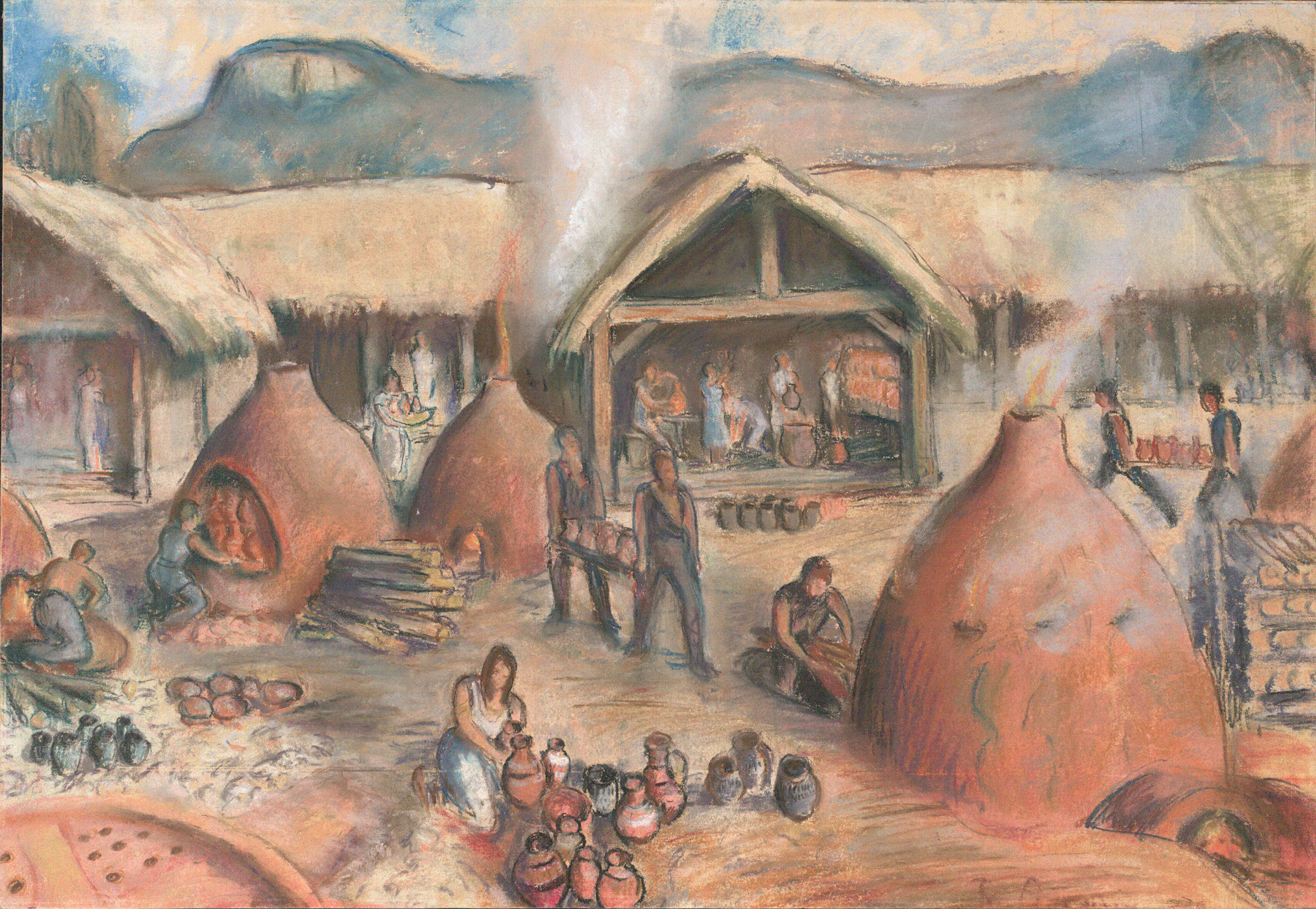 Rekonstruktion der keltischen Töpfersiedlung von Sissach, Brühl. Gezeichnet von Fritz Pümpin.