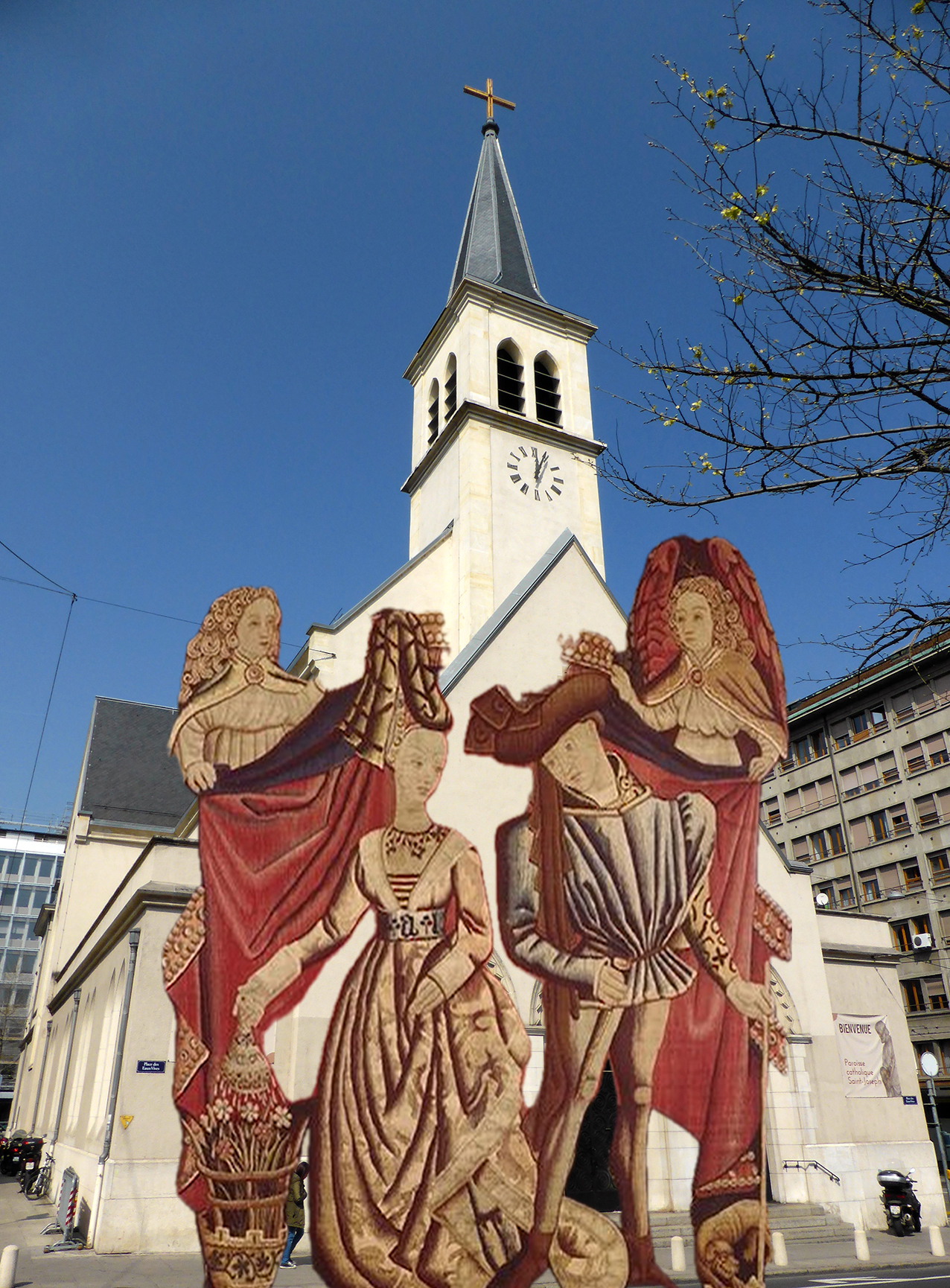 Tapisserie figurant deux personnages, probablement Anne de Lusignan et son époux, 1460-1465, Musée des arts décoratifs, Paris vers 1460-1465, en photomontage devant l’église Saint-joseph de Genève