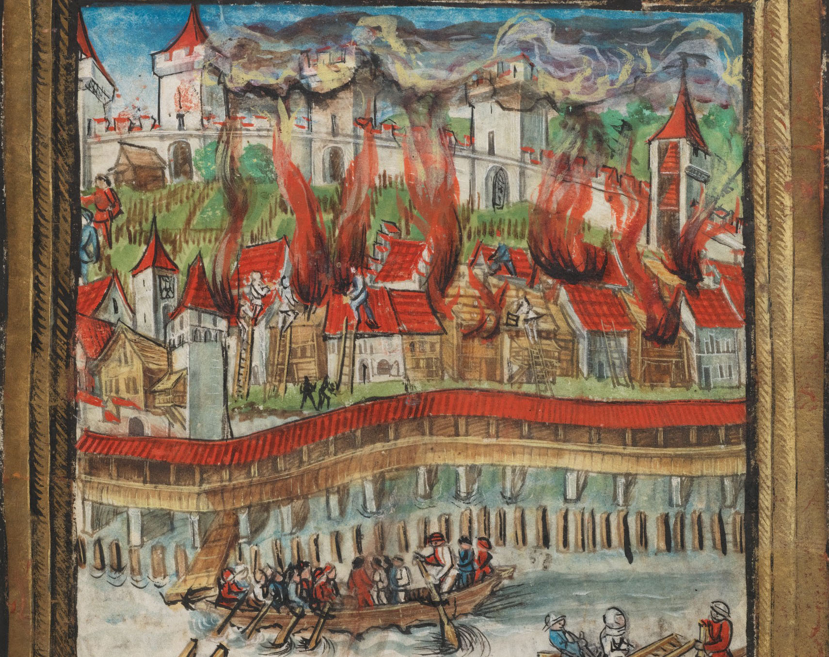 Eidgenössische Chronik des Luzerners Diebold Schilling (Luzerner Schilling), 1513, Folio 43r. Zu sehen ist die brennende Altstadt Luzern mit der Museggmauer im Hintergrund und der Kapellbrücke im Vordergrund.