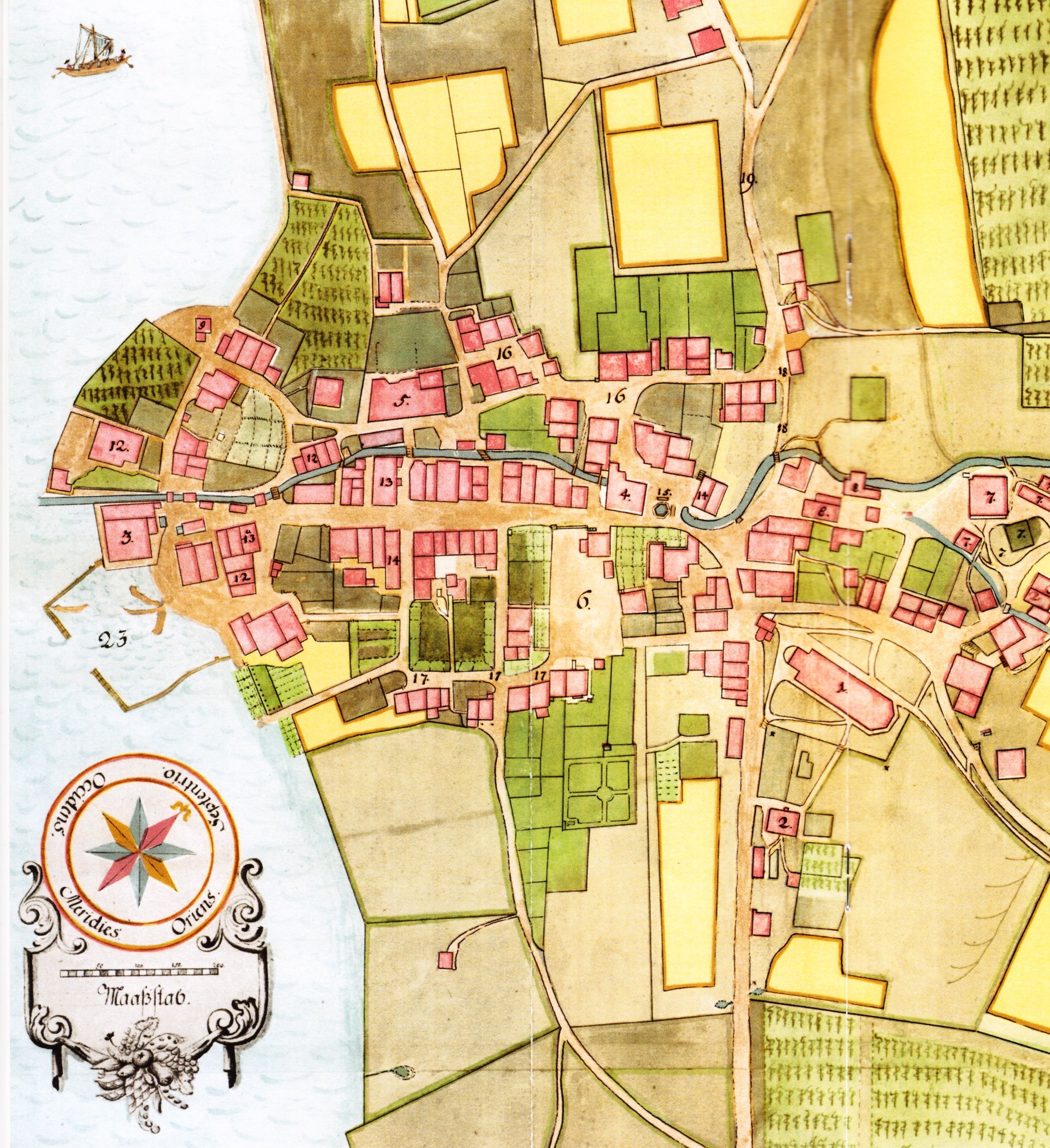 Plan der Ortschaft Horgen. Die Nummer 3 bezeichnet die Sust, die Nummer 23 den ehemaligen Hafen. Gezeichnet von Jacob Schäppi, ausgeführt und gedruckt von Isaac Vetter.