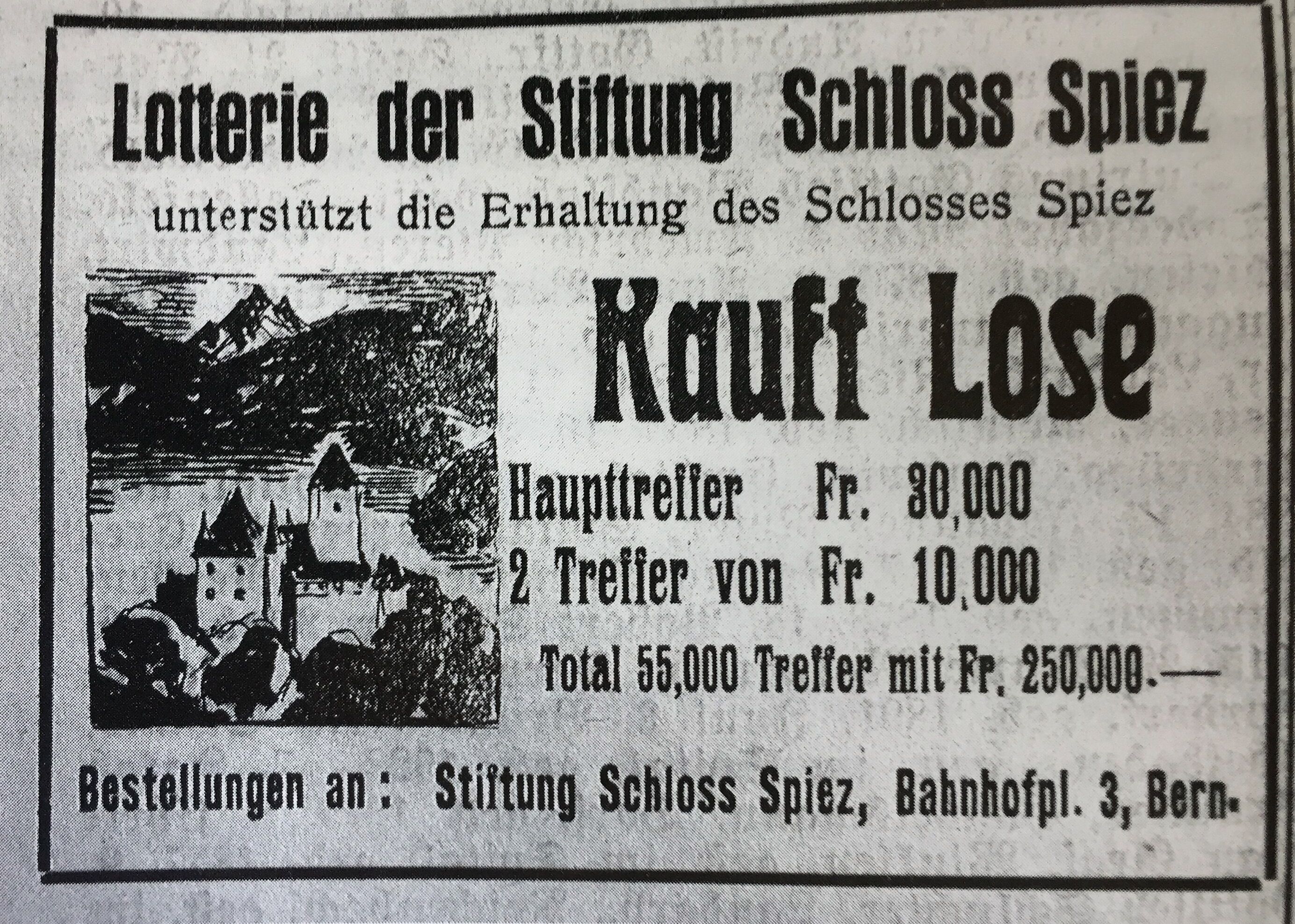 Aufruf zum Kauf von Losen zur Erhaltung von Schloss Spiez, 1927