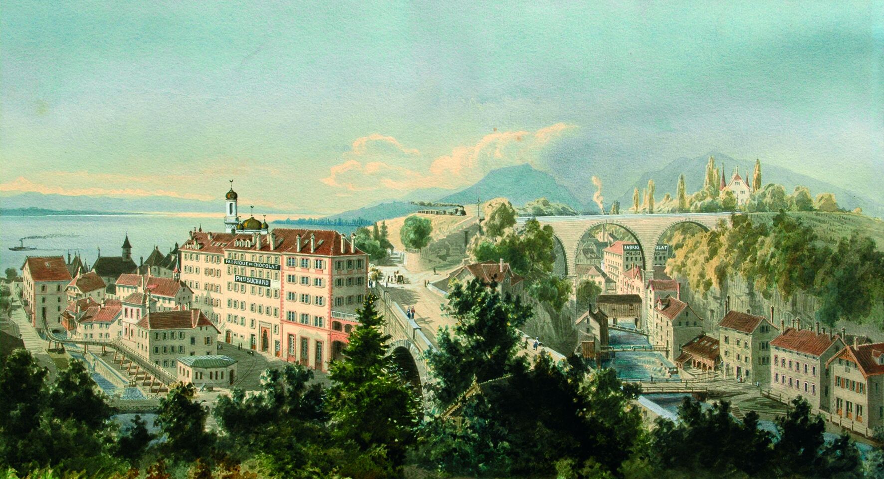 Panorama des fabriques Suchard, vers 1885, gouache de Johannes Weber